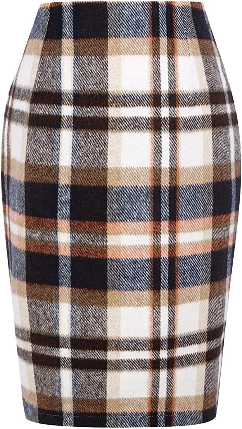 Womens Knee Length Plaid Skirts Elastic Waist Stretchy Bodycon Business Tweed Pencil Skirt
