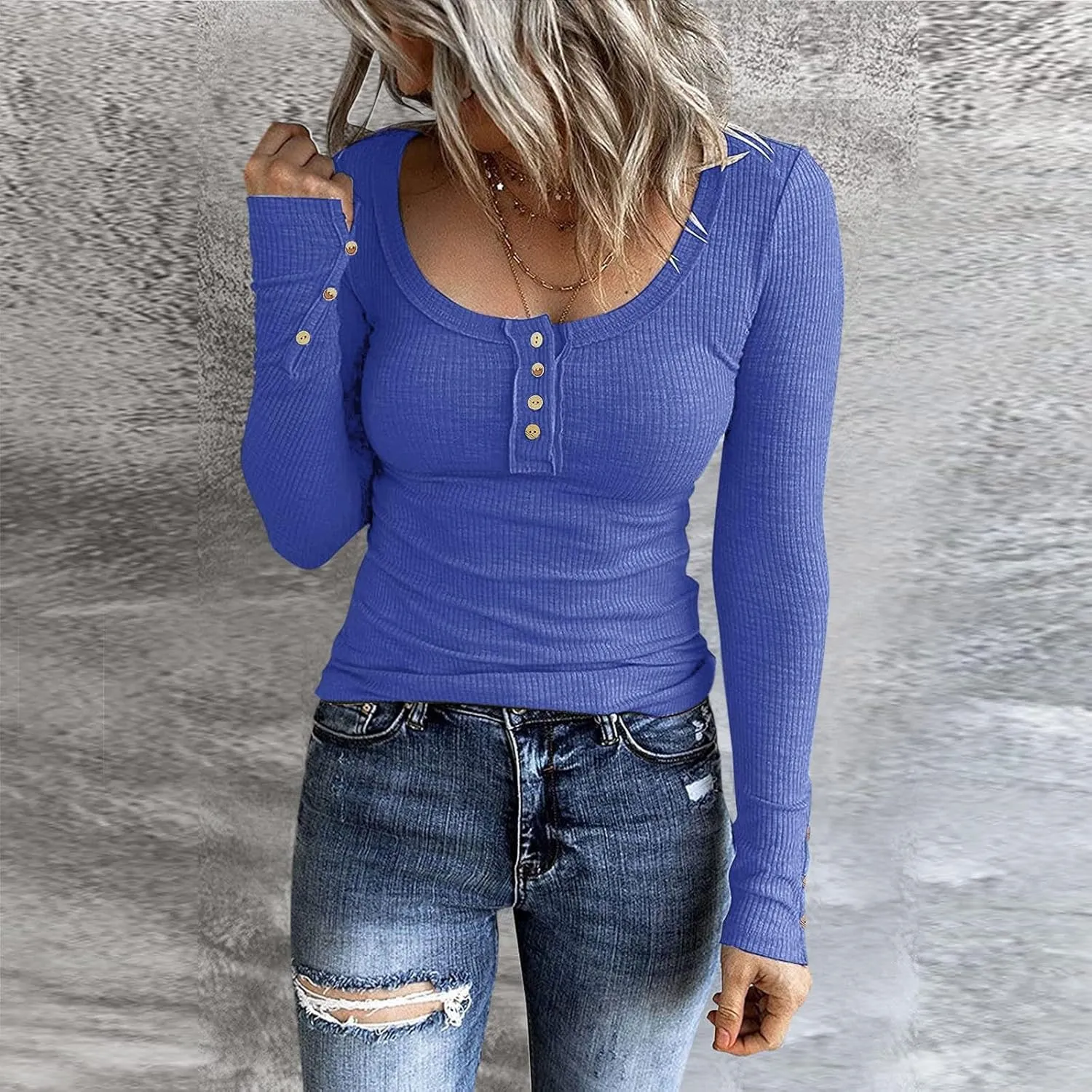 Womens Knit Sweater Fashion Solid Color Scoop Neck Button Up Slim Fit Long Sleeve Ribbed Tops Autumn Knitwear Shirts