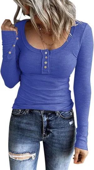 Womens Knit Sweater Fashion Solid Color Scoop Neck Button Up Slim Fit Long Sleeve Ribbed Tops Autumn Knitwear Shirts