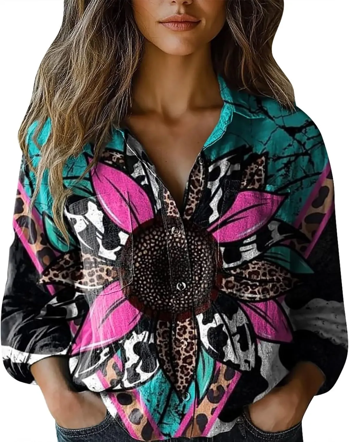 Womens Linen Button Down Shirt Vintage Floral Collared V Neck Roll-Up Sleeve Blouses Casual Top with Front Pocket
