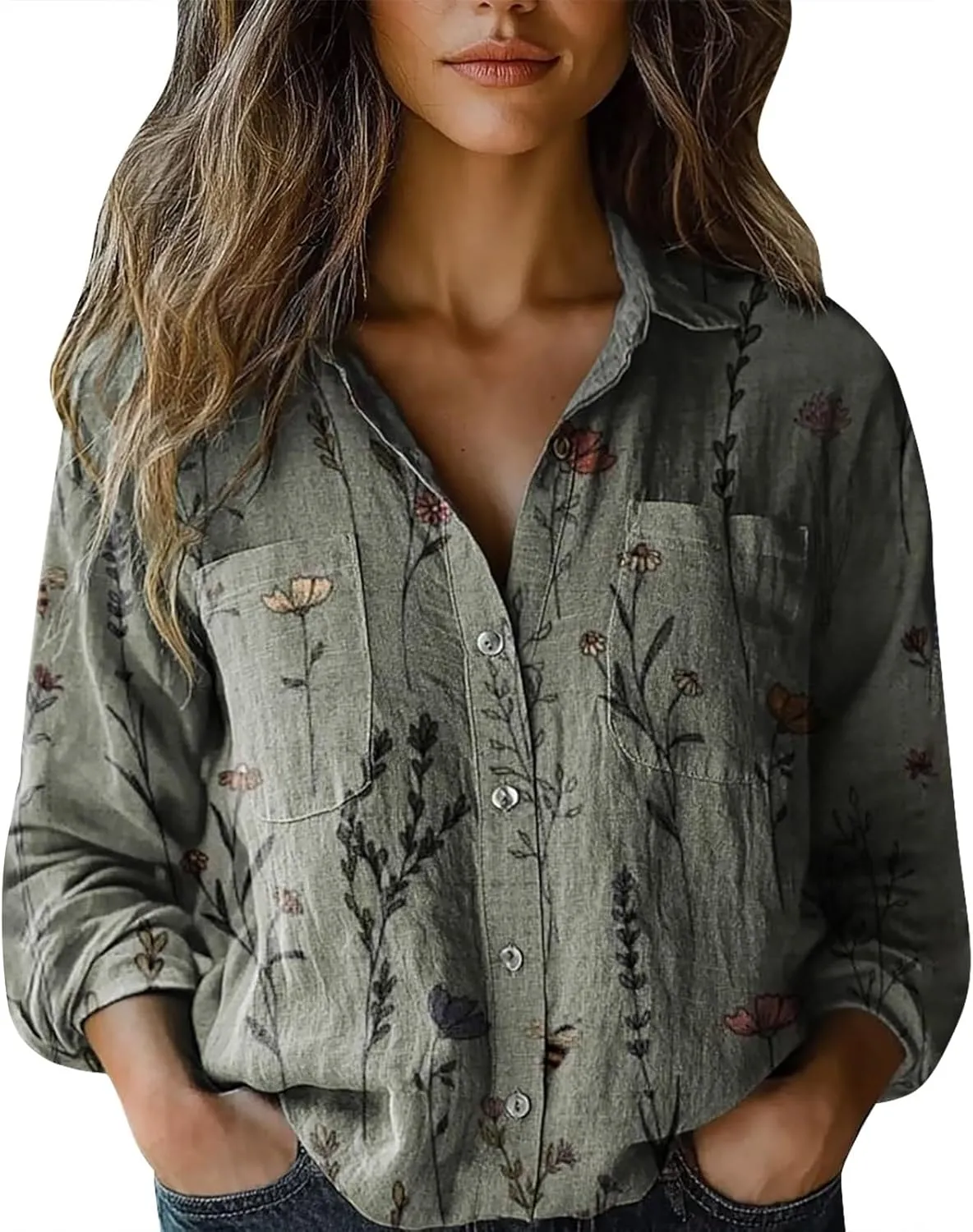 Womens Linen Button Down Shirt Vintage Floral Collared V Neck Roll-Up Sleeve Blouses Casual Top with Front Pocket