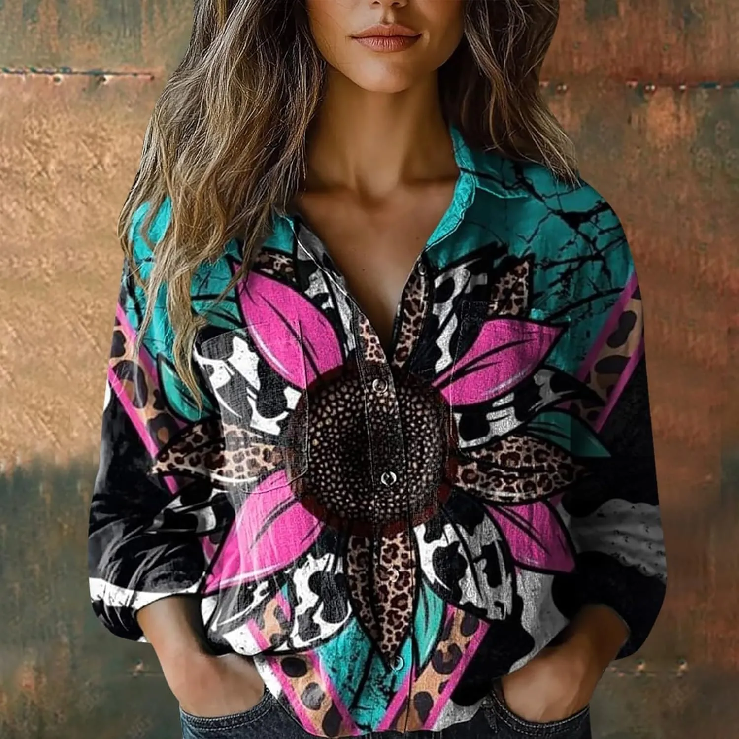 Womens Linen Button Down Shirt Vintage Floral Collared V Neck Roll-Up Sleeve Blouses Casual Top with Front Pocket