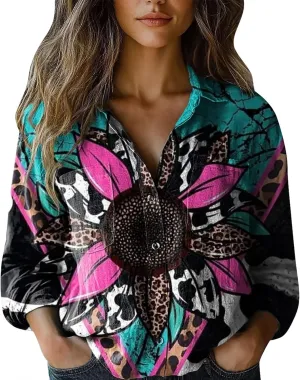 Womens Linen Button Down Shirt Vintage Floral Collared V Neck Roll-Up Sleeve Blouses Casual Top with Front Pocket