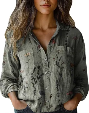 Womens Linen Button Down Shirt Vintage Floral Collared V Neck Roll-Up Sleeve Blouses Casual Top with Front Pocket