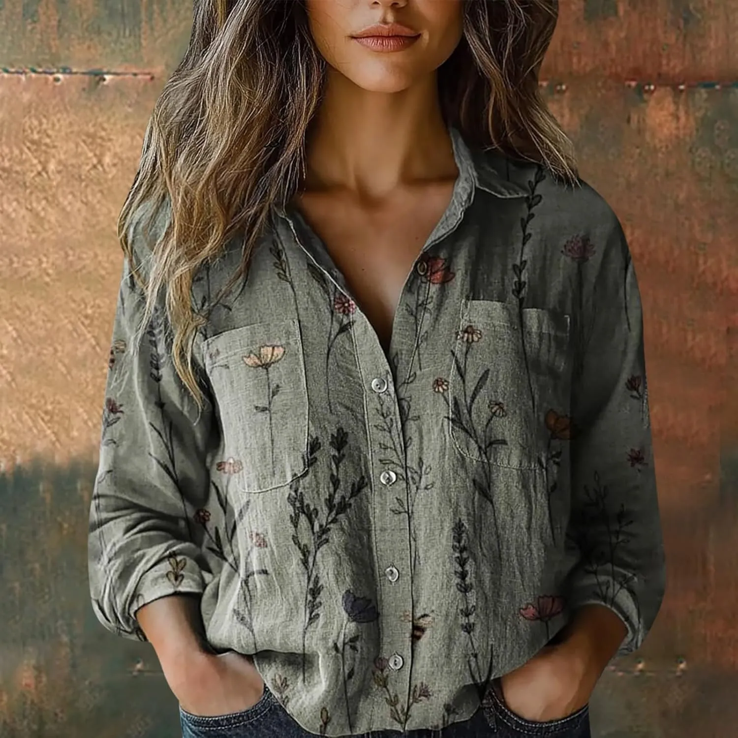 Womens Linen Button Down Shirt Vintage Floral Collared V Neck Roll-Up Sleeve Blouses Casual Top with Front Pocket