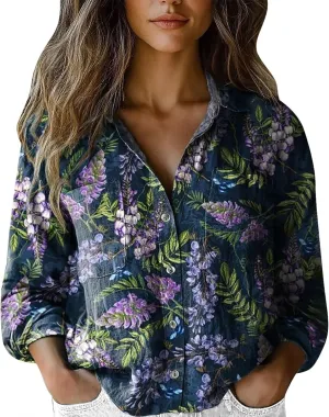 Womens Linen Button Down Shirt Vintage Floral Collared V Neck Roll-Up Sleeve Blouses Casual Top with Front Pocket