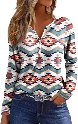 Womens Long Sleeve T Shirts Aztec Cow Print Western Henley Tops Ladies Graphic Tees Casual V Neck Loose Fit Blouse