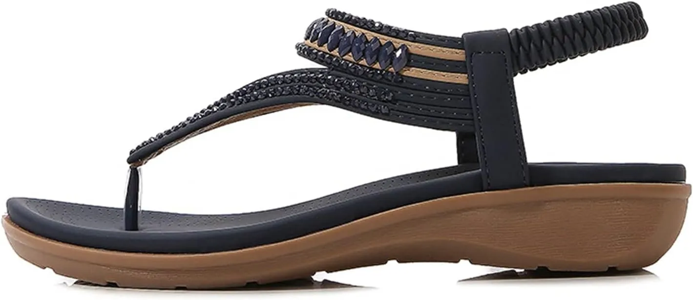 Women's Low Wedge Sandals Orthopedic Dressy T-Strap Flat Thong Sandals Comfortable Soft Cushion Summer Beach Flip Flop Shoes with Adjustable Back Ankle Strap
