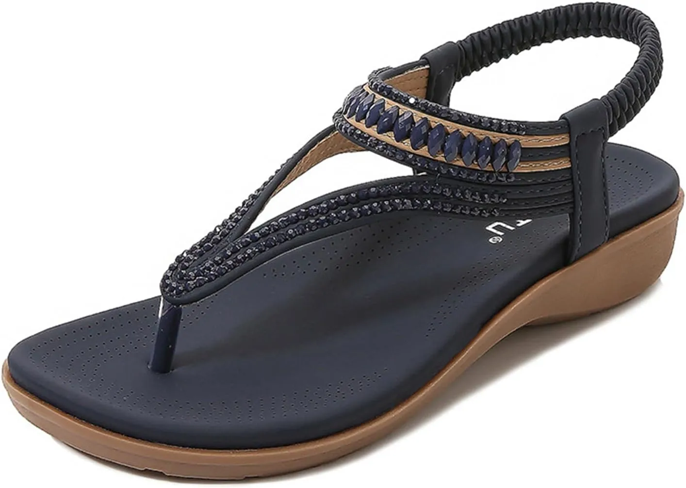 Women's Low Wedge Sandals Orthopedic Dressy T-Strap Flat Thong Sandals Comfortable Soft Cushion Summer Beach Flip Flop Shoes with Adjustable Back Ankle Strap