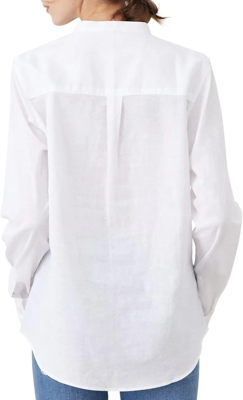 Women's Mandarin Collar Button-Down Shirts Casual Cotton Long Sleeve Blouses
