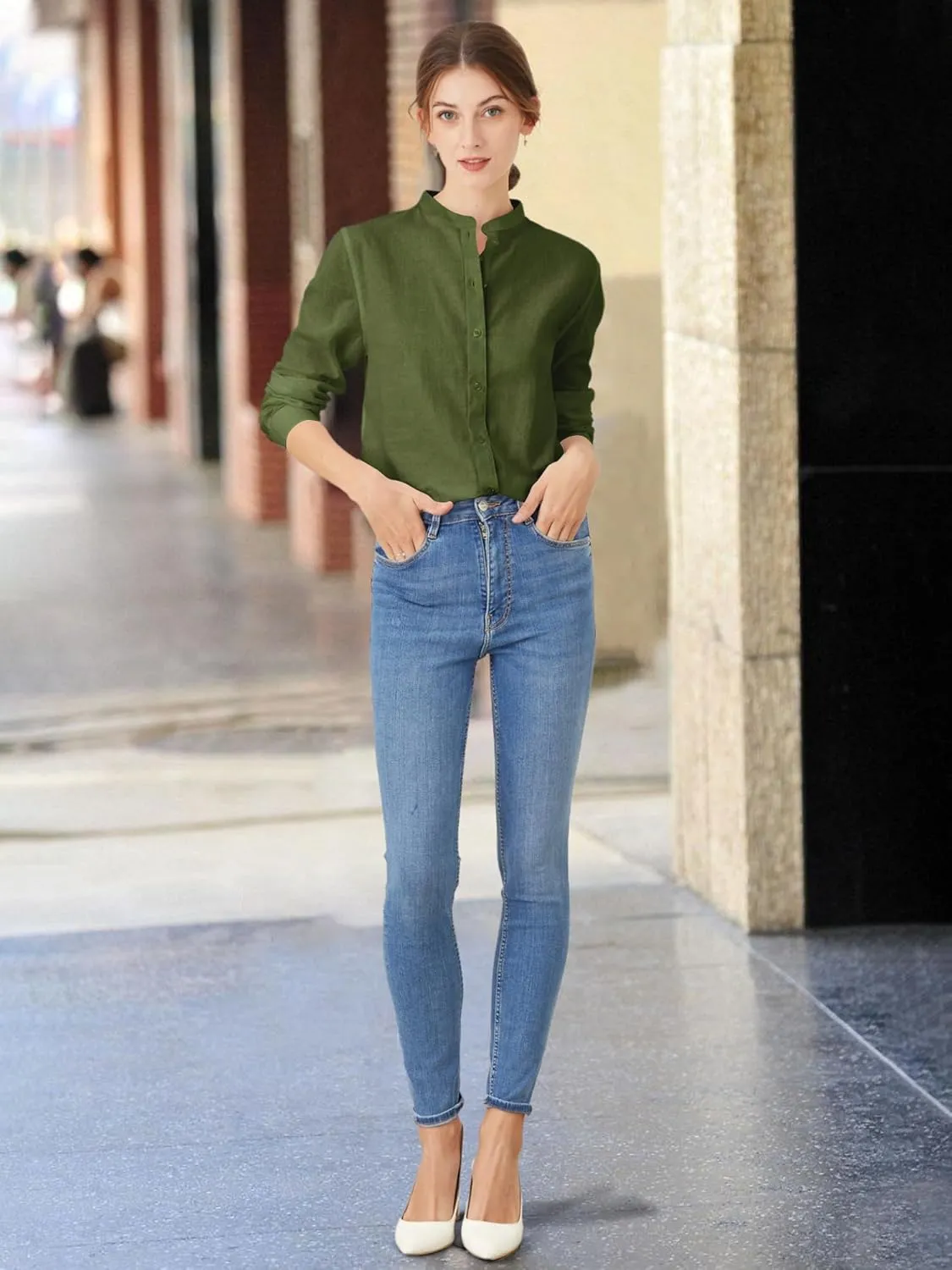 Women's Mandarin Collar Button-Down Shirts Casual Cotton Long Sleeve Blouses