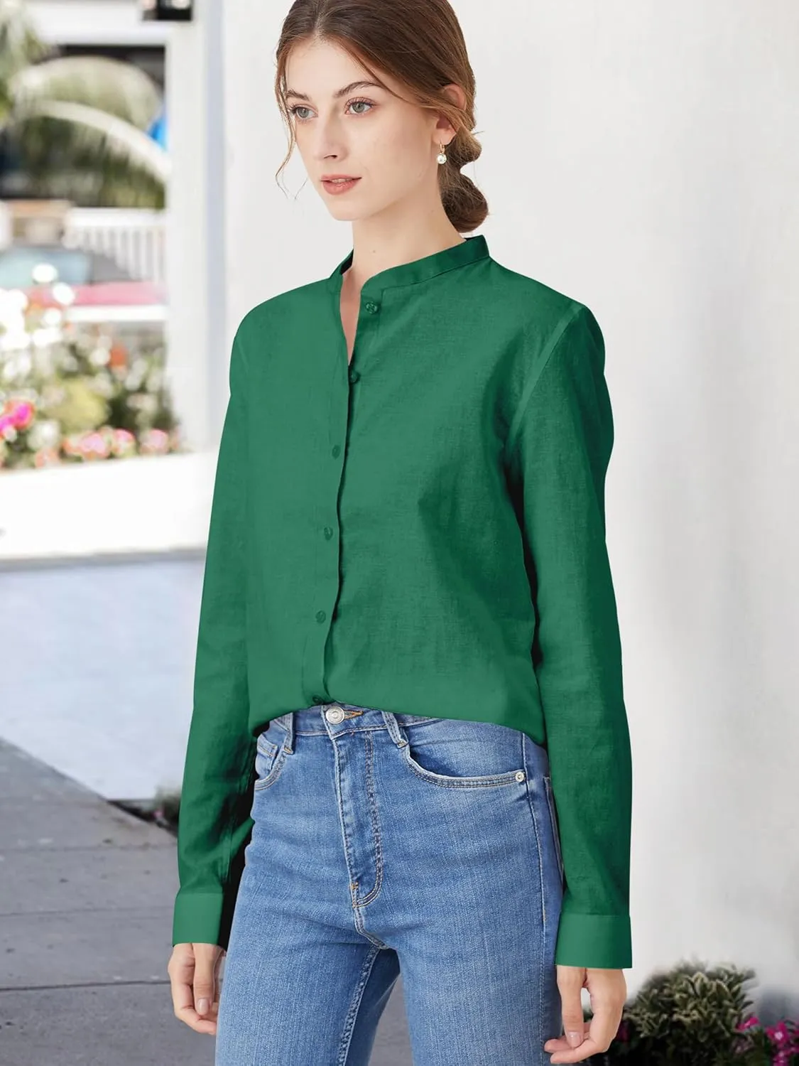 Women's Mandarin Collar Button-Down Shirts Casual Cotton Long Sleeve Blouses