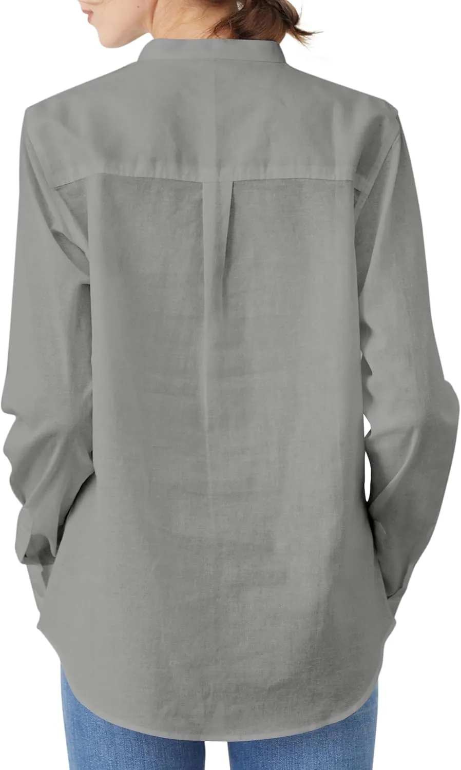 Women's Mandarin Collar Button-Down Shirts Casual Cotton Long Sleeve Blouses