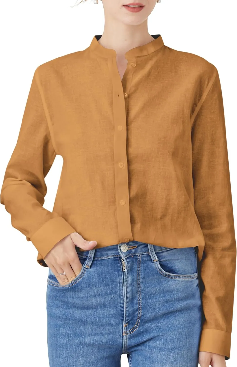 Women's Mandarin Collar Button-Down Shirts Casual Cotton Long Sleeve Blouses