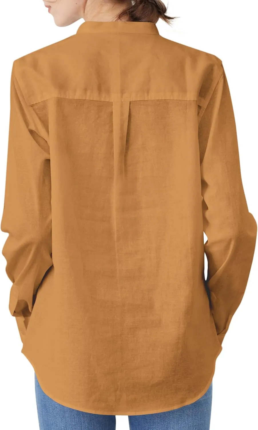 Women's Mandarin Collar Button-Down Shirts Casual Cotton Long Sleeve Blouses