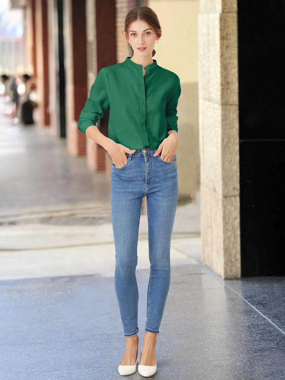 Women's Mandarin Collar Button-Down Shirts Casual Cotton Long Sleeve Blouses