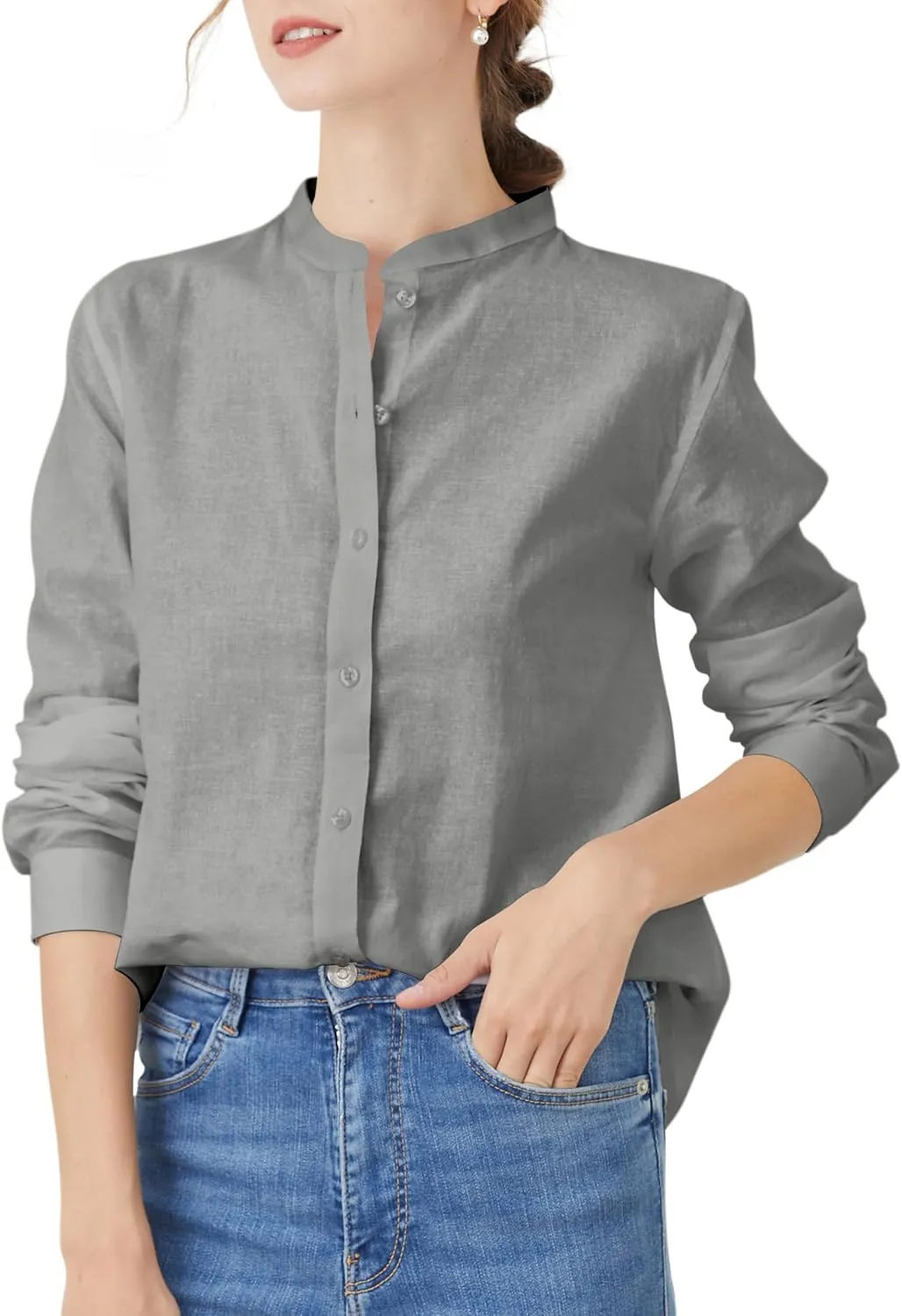 Women's Mandarin Collar Button-Down Shirts Casual Cotton Long Sleeve Blouses