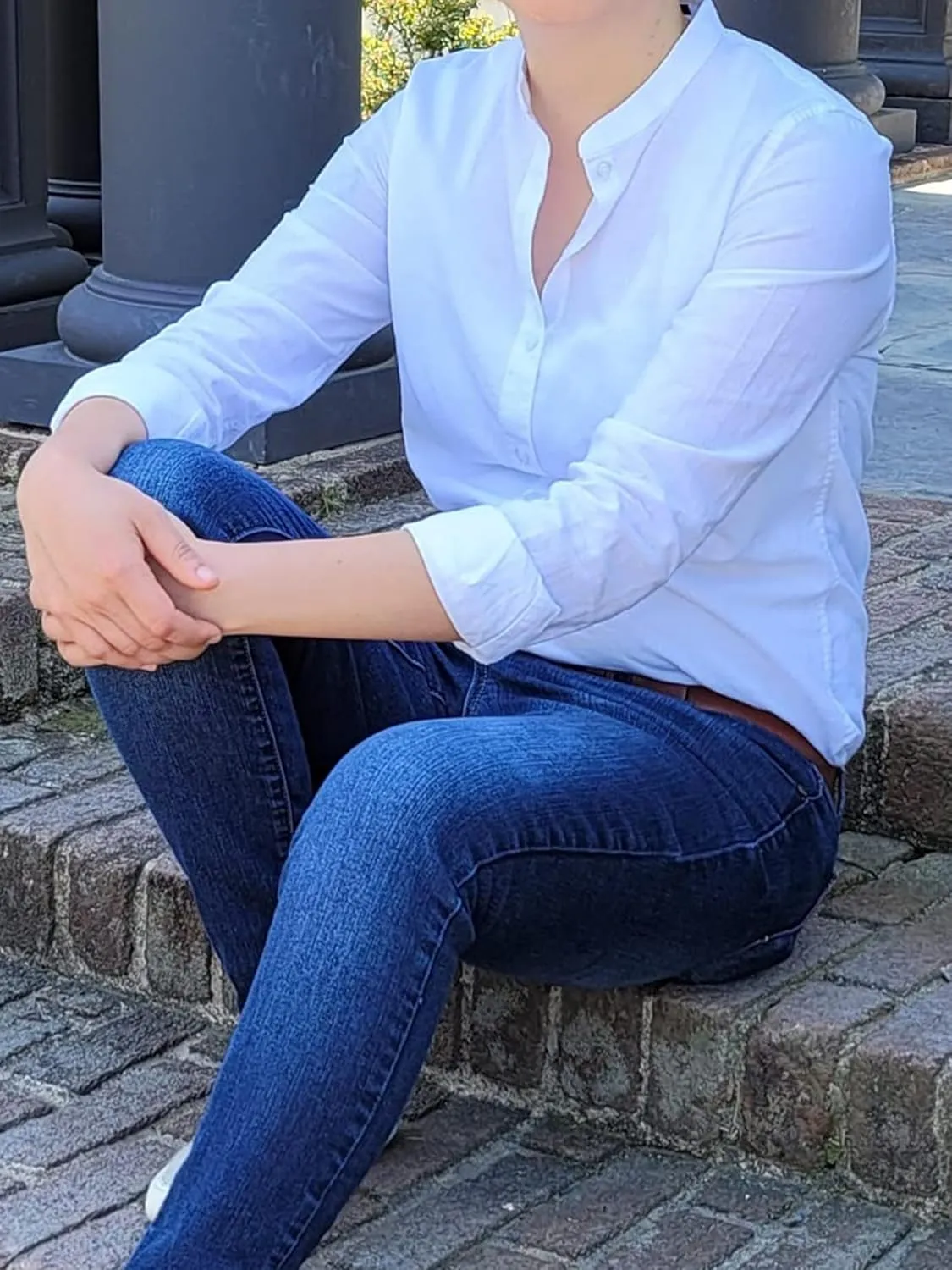 Women's Mandarin Collar Button-Down Shirts Casual Cotton Long Sleeve Blouses