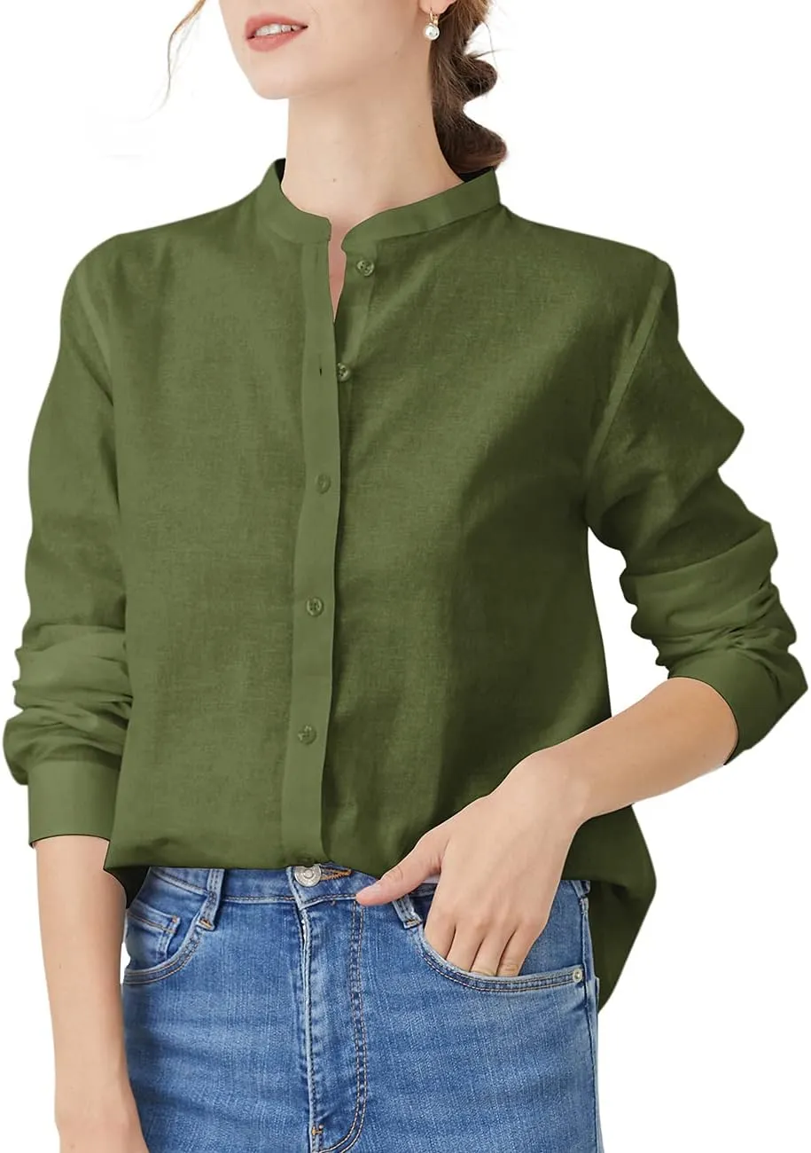 Women's Mandarin Collar Button-Down Shirts Casual Cotton Long Sleeve Blouses