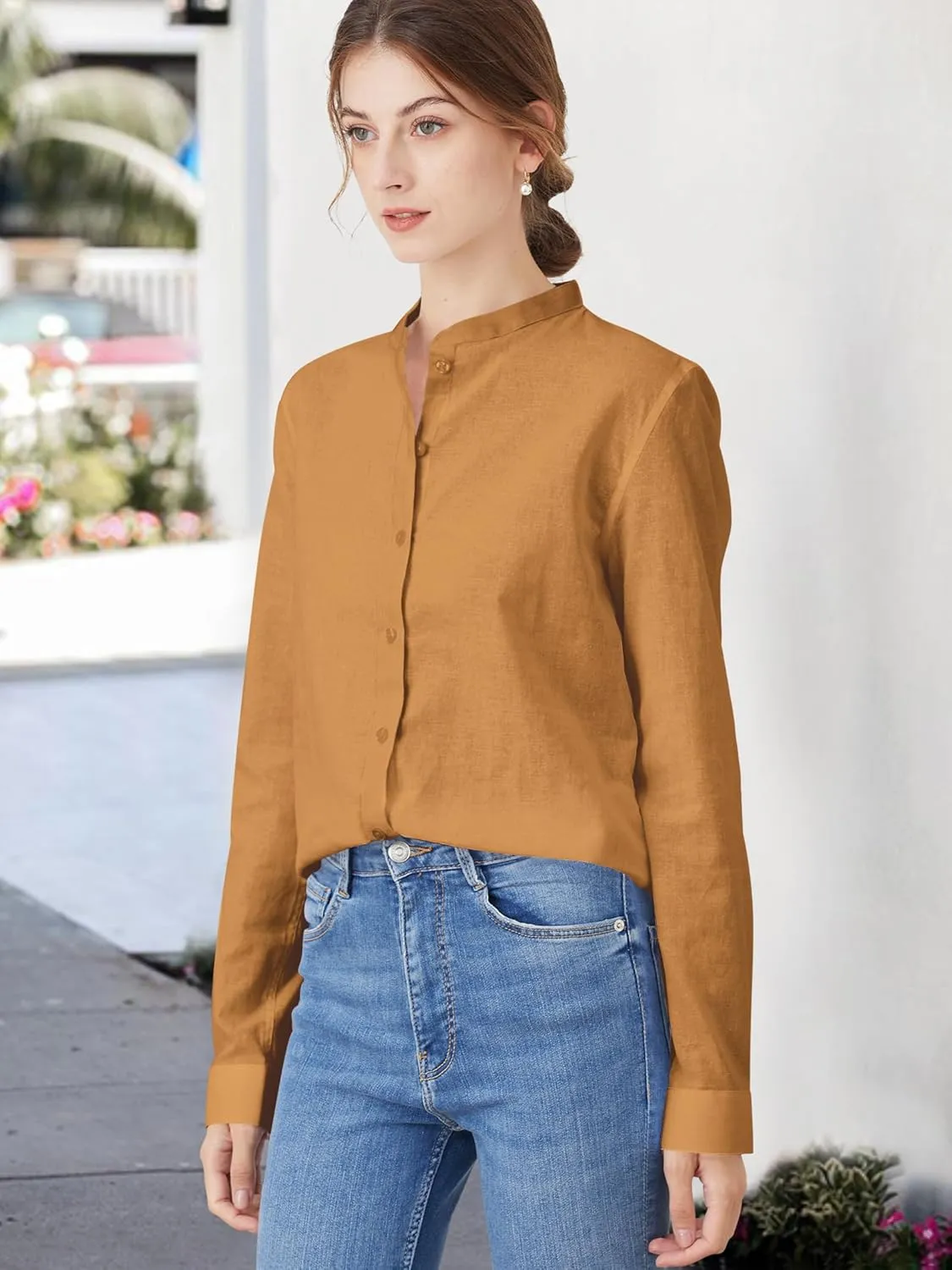 Women's Mandarin Collar Button-Down Shirts Casual Cotton Long Sleeve Blouses