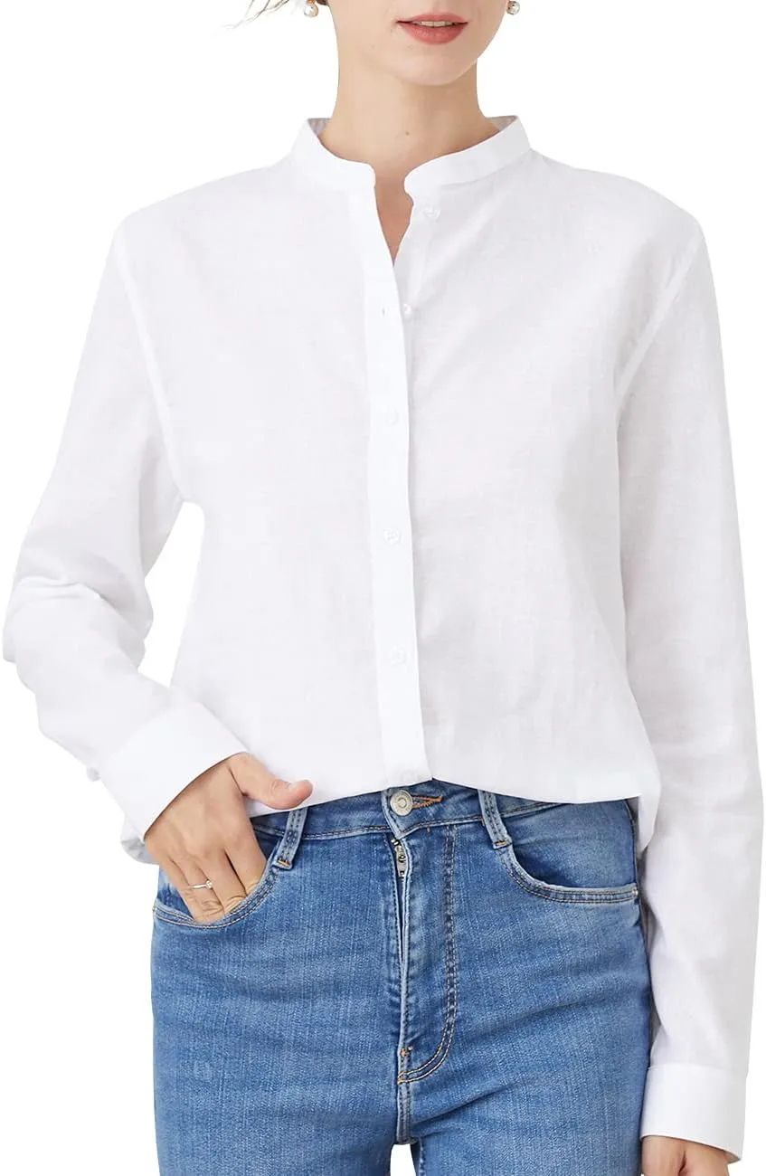 Women's Mandarin Collar Button-Down Shirts Casual Cotton Long Sleeve Blouses