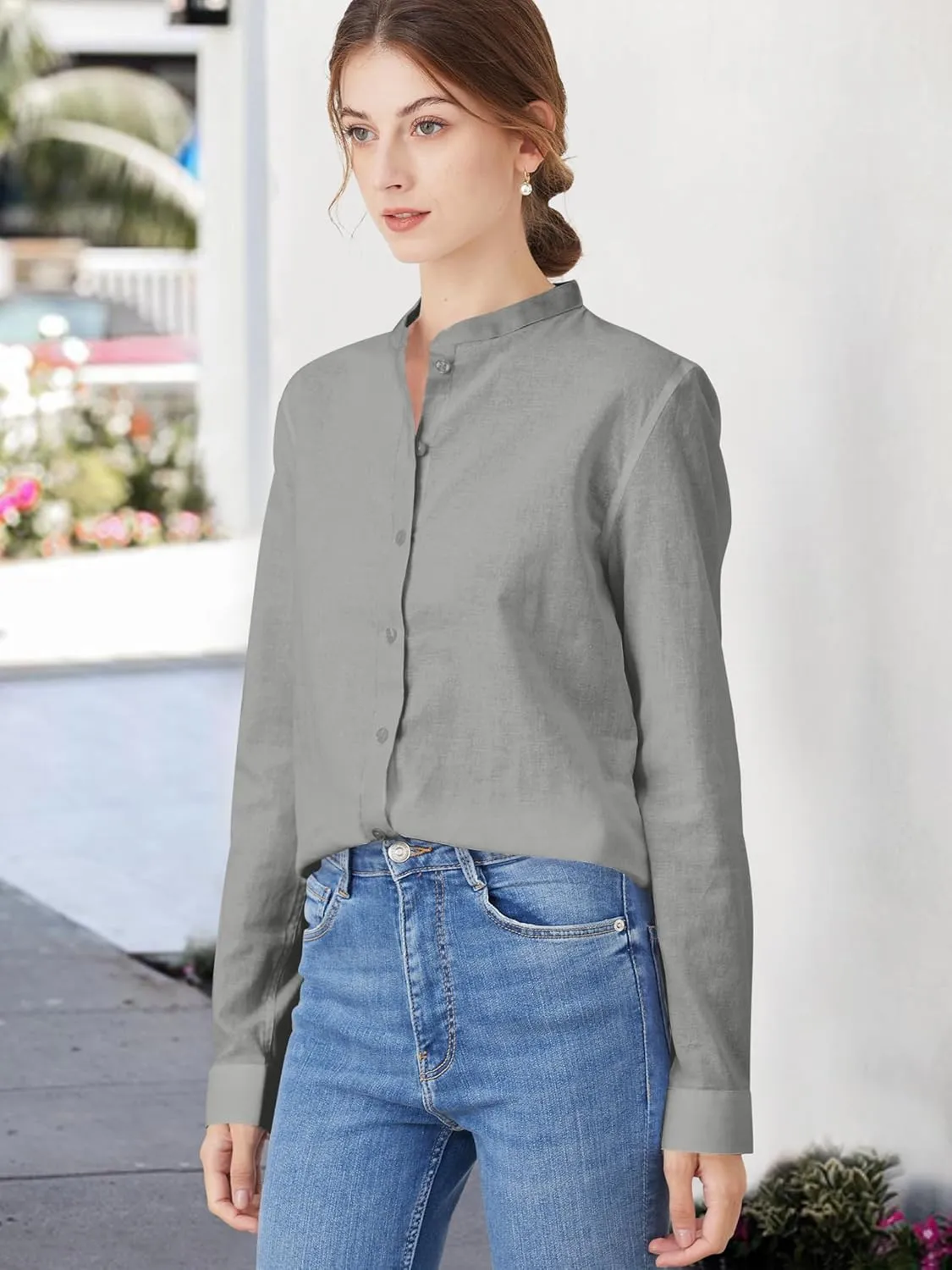 Women's Mandarin Collar Button-Down Shirts Casual Cotton Long Sleeve Blouses