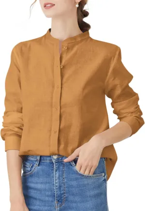 Women's Mandarin Collar Button-Down Shirts Casual Cotton Long Sleeve Blouses