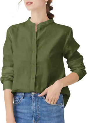 Women's Mandarin Collar Button-Down Shirts Casual Cotton Long Sleeve Blouses