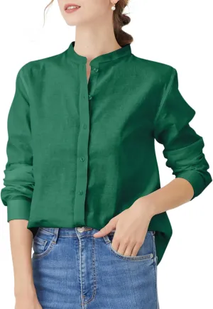 Women's Mandarin Collar Button-Down Shirts Casual Cotton Long Sleeve Blouses