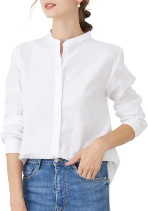 Women's Mandarin Collar Button-Down Shirts Casual Cotton Long Sleeve Blouses