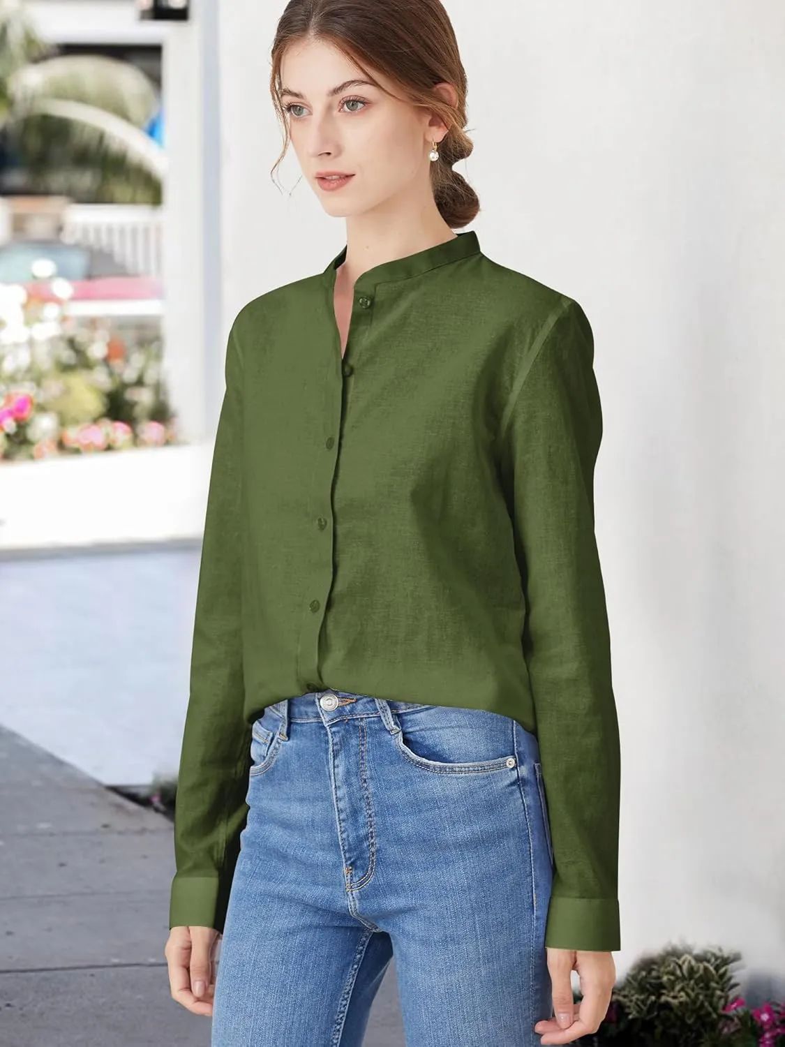 Women's Mandarin Collar Button-Down Shirts Casual Cotton Long Sleeve Blouses
