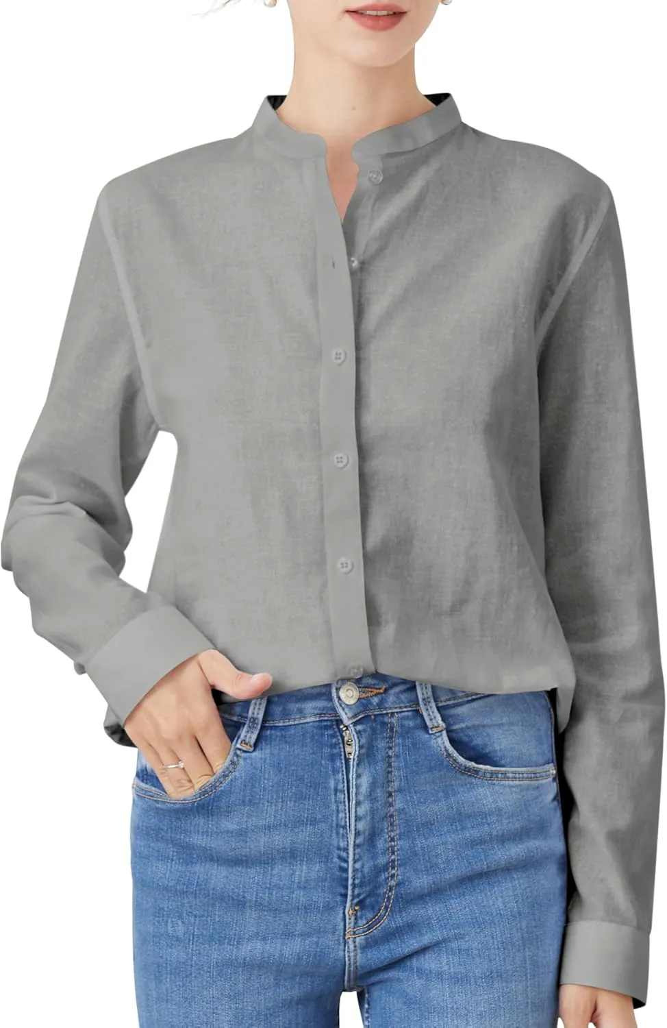 Women's Mandarin Collar Button-Down Shirts Casual Cotton Long Sleeve Blouses