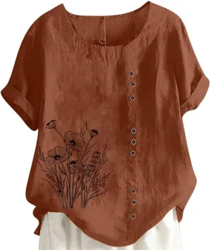 Women's Oversized Cotton Linen Shirts Summer Casual Boho Floral Print Short Sleeve Blouse Loose Crewneck Tunic Tops