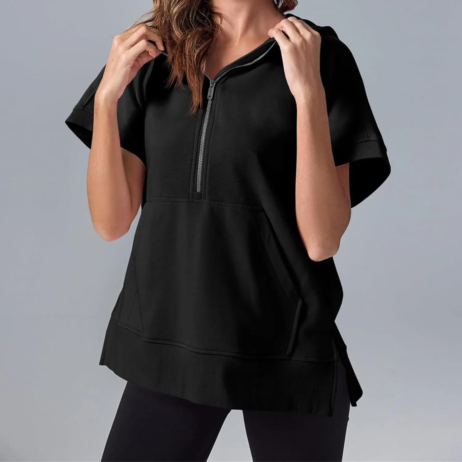 Womens Oversized Half Zip Hoodies Short Sleeve Casual Sweatshirts Summer Pullover Tops with Pockets Loose 2025 Clothes