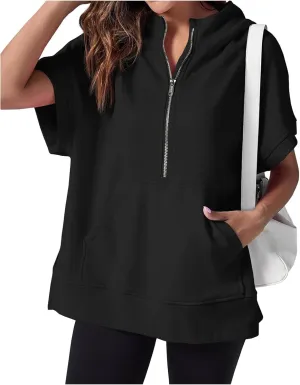 Womens Oversized Half Zip Hoodies Short Sleeve Casual Sweatshirts Summer Pullover Tops with Pockets Loose 2025 Clothes