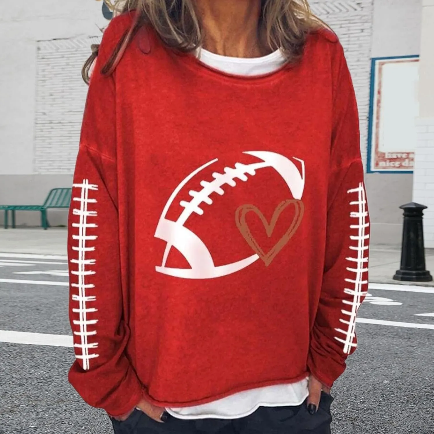 Womens Oversized Sweatshirts Funny Letter Rugby Print Drop Shoulder Pullovers Crewneck Long Sleeve Lightweight Blouse