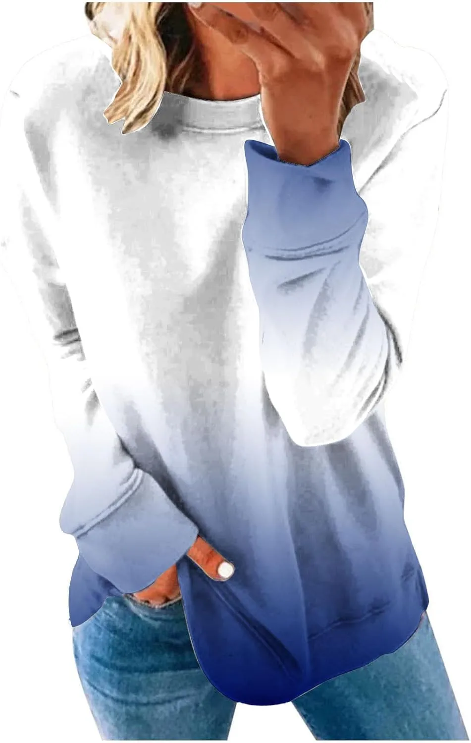 Womens Oversized Sweatshirts Hoodies Casual Long Sleeve Crew Neck Pullover Tops Fashion Gradient Color Sweater