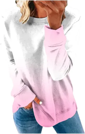 Womens Oversized Sweatshirts Hoodies Casual Long Sleeve Crew Neck Pullover Tops Fashion Gradient Color Sweater