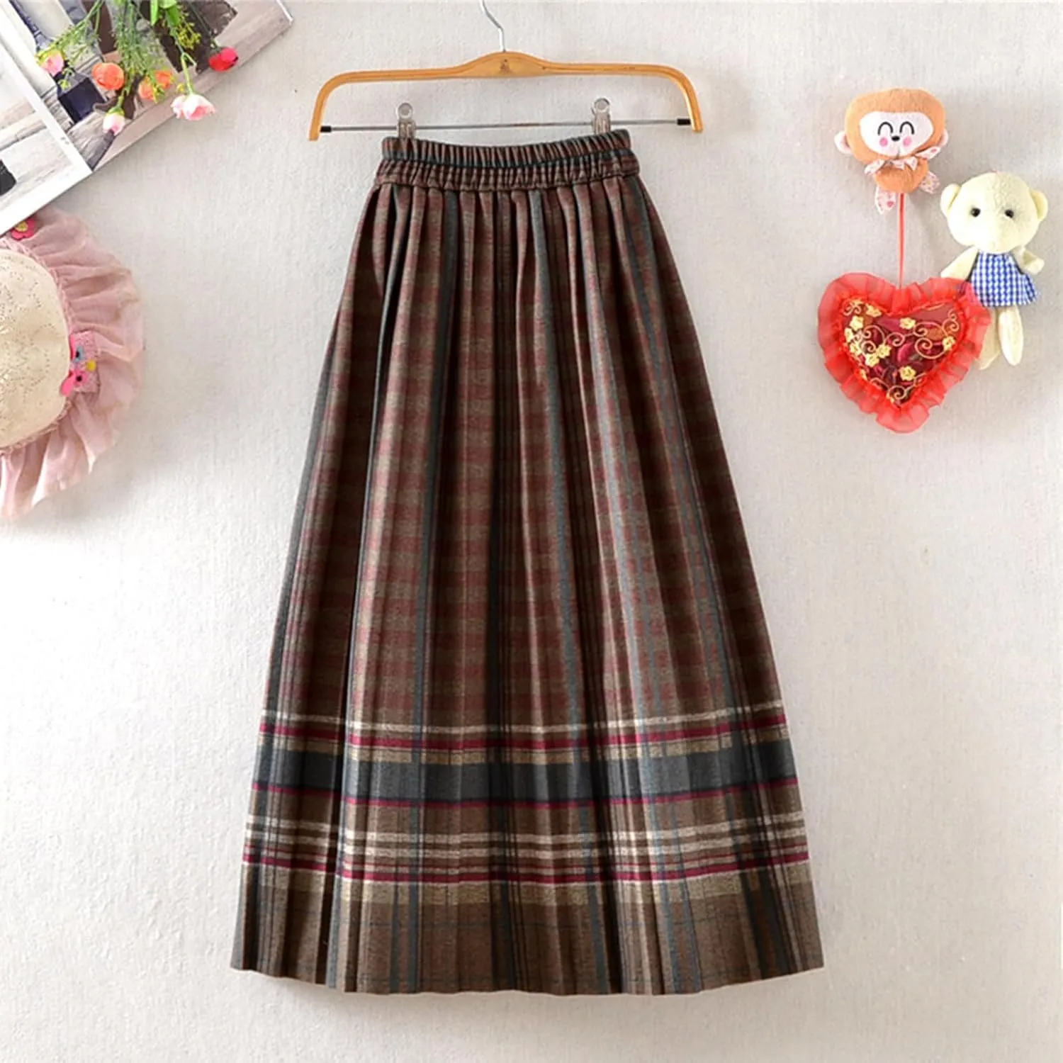 Womens Pleated Long Maxi Skirts Wool Blend Plaid Elastic High-Waist Pleated Swing Vintage Skirt