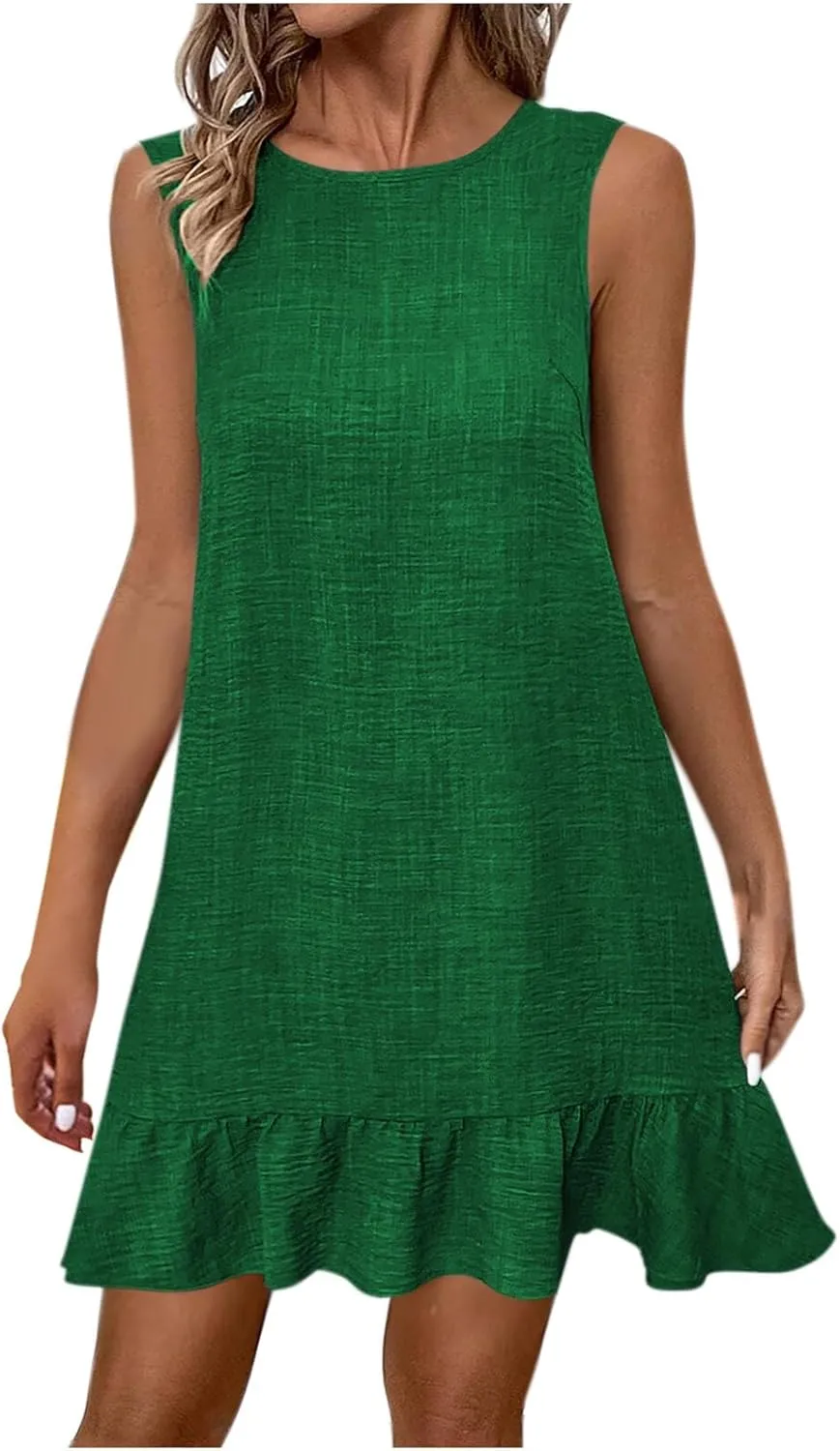 Women's Ruffle Hem Sleeveless Tank Dress Round Neck Casual Summer Mini Dresses Twist Kont Back Beach Sundress