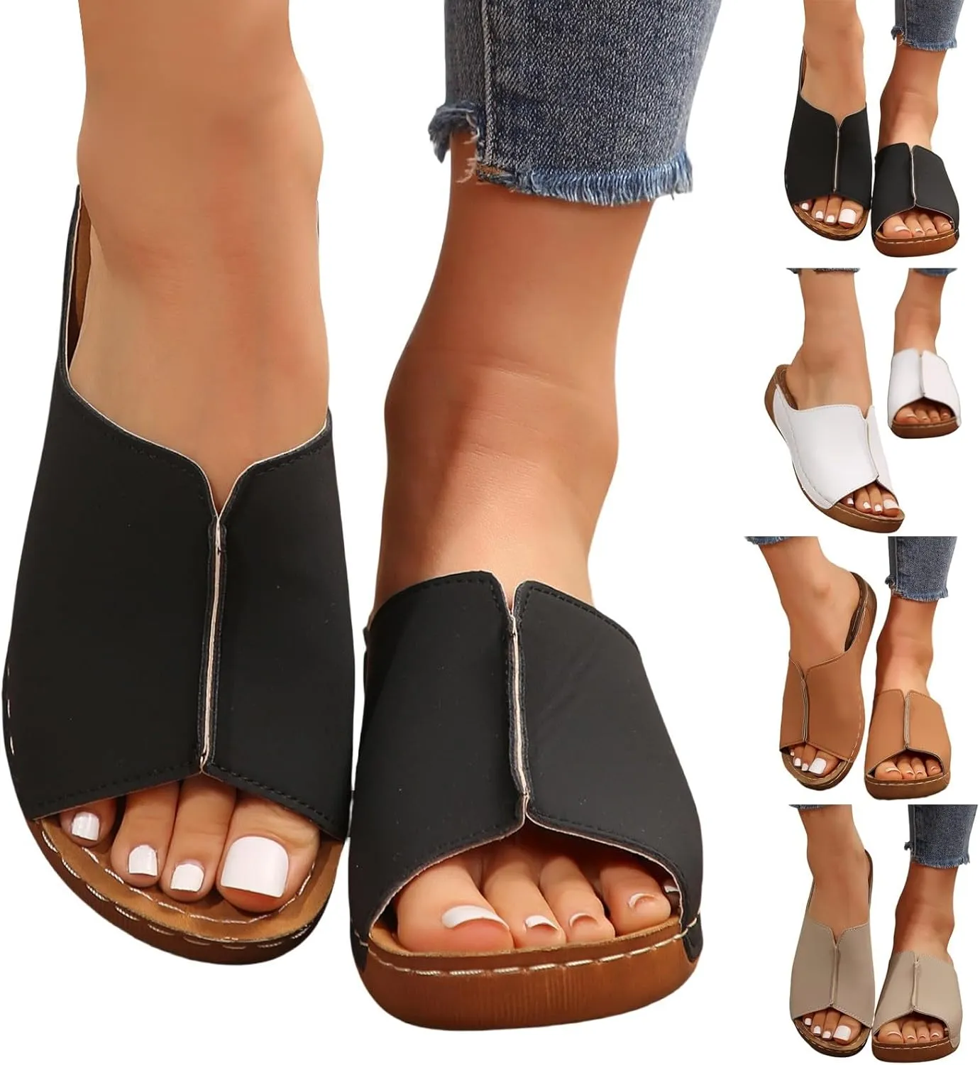 Womens Sandals Comfortable Orthopedic Arch Support All Day Walking Open Toe Pu Leather Slip On Platform Wedge Sandals