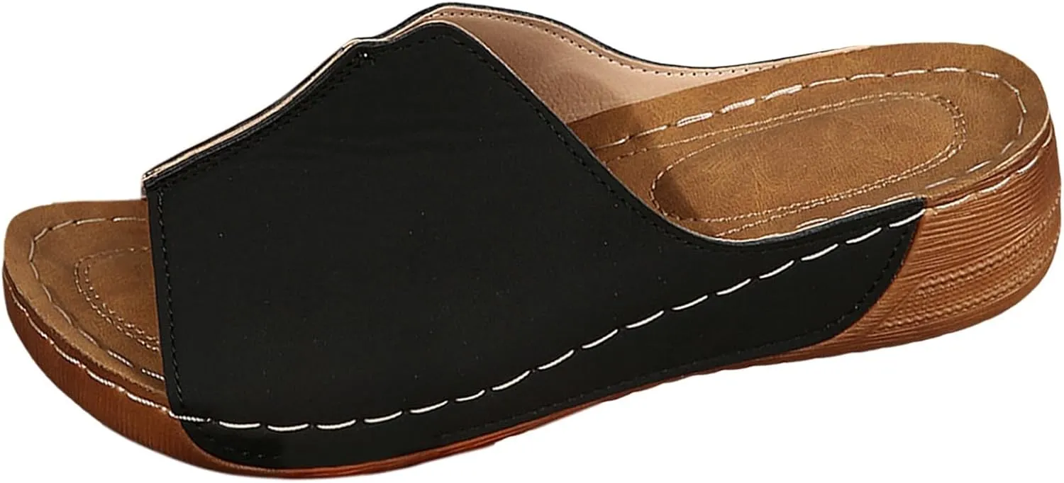 Womens Sandals Comfortable Orthopedic Arch Support All Day Walking Open Toe Pu Leather Slip On Platform Wedge Sandals