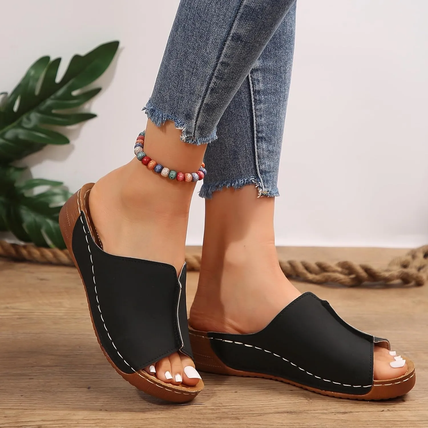 Womens Sandals Comfortable Orthopedic Arch Support All Day Walking Open Toe Pu Leather Slip On Platform Wedge Sandals