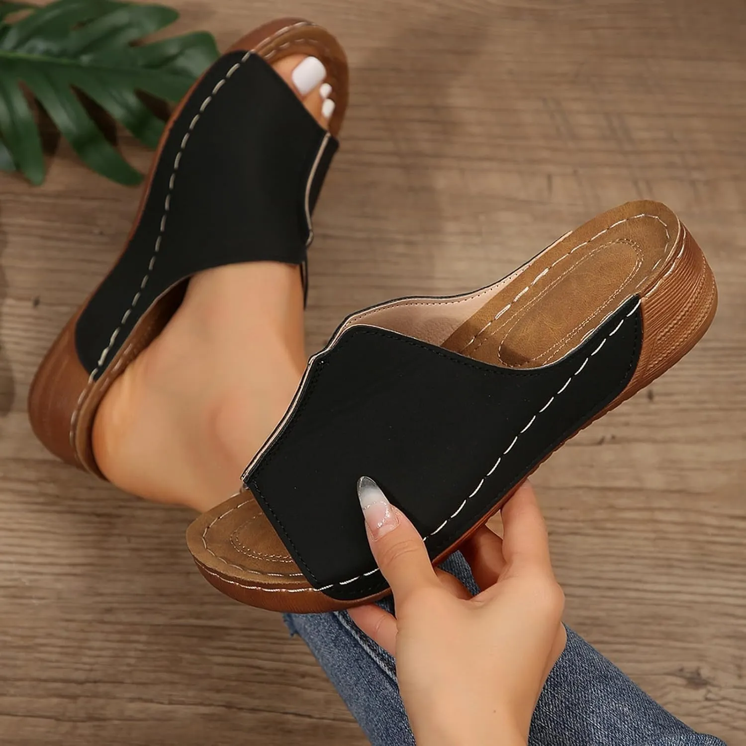 Womens Sandals Comfortable Orthopedic Arch Support All Day Walking Open Toe Pu Leather Slip On Platform Wedge Sandals