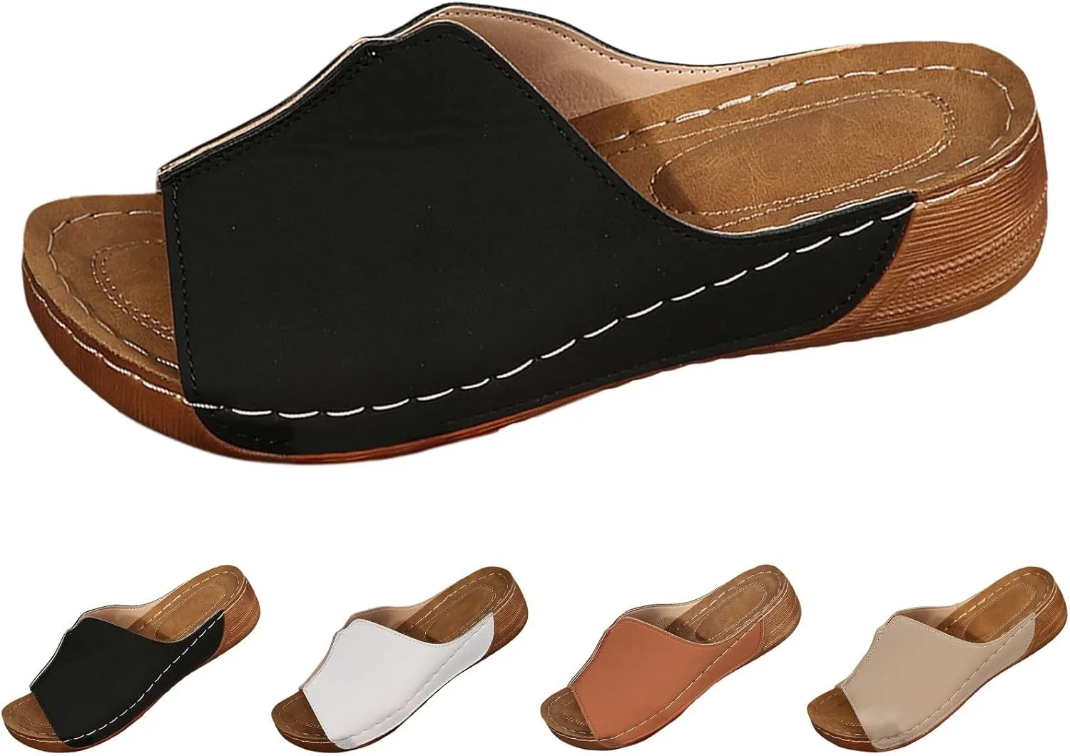 Womens Sandals Comfortable Orthopedic Arch Support All Day Walking Open Toe Pu Leather Slip On Platform Wedge Sandals