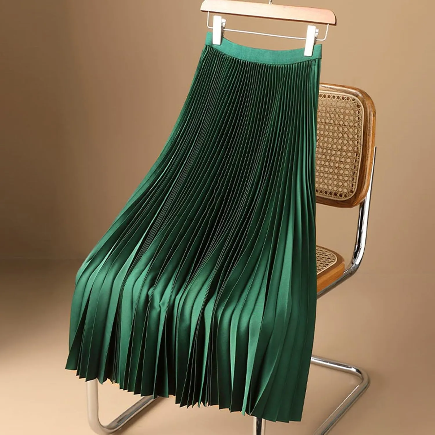 Women's Satin Metallic Pleated Skirt Elastic High Waist Flare Casual Long Swing A-Line Skirt Shiny Flowy Midi Skirt