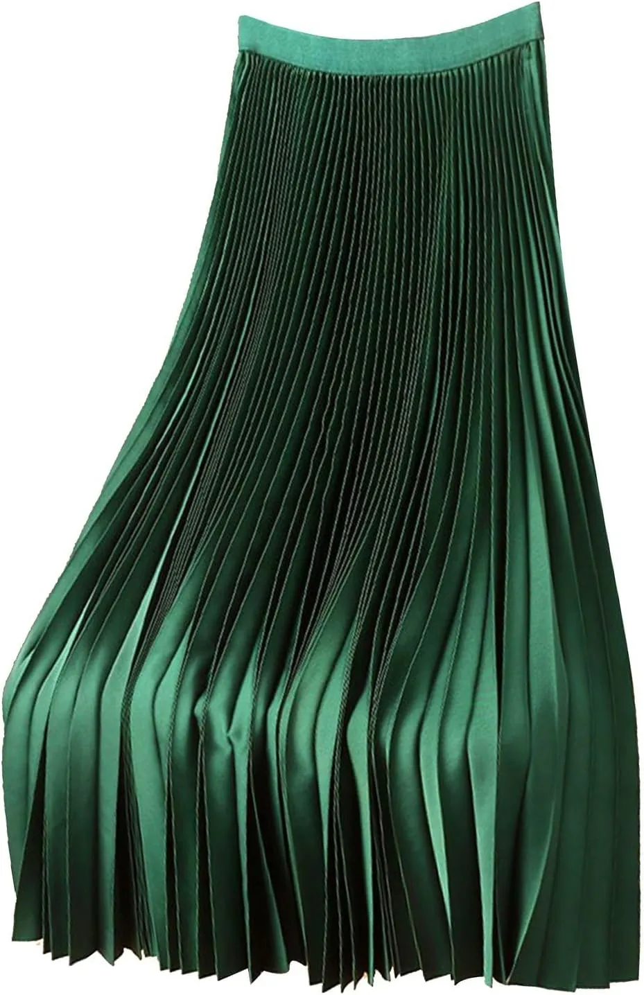 Women's Satin Metallic Pleated Skirt Elastic High Waist Flare Casual Long Swing A-Line Skirt Shiny Flowy Midi Skirt