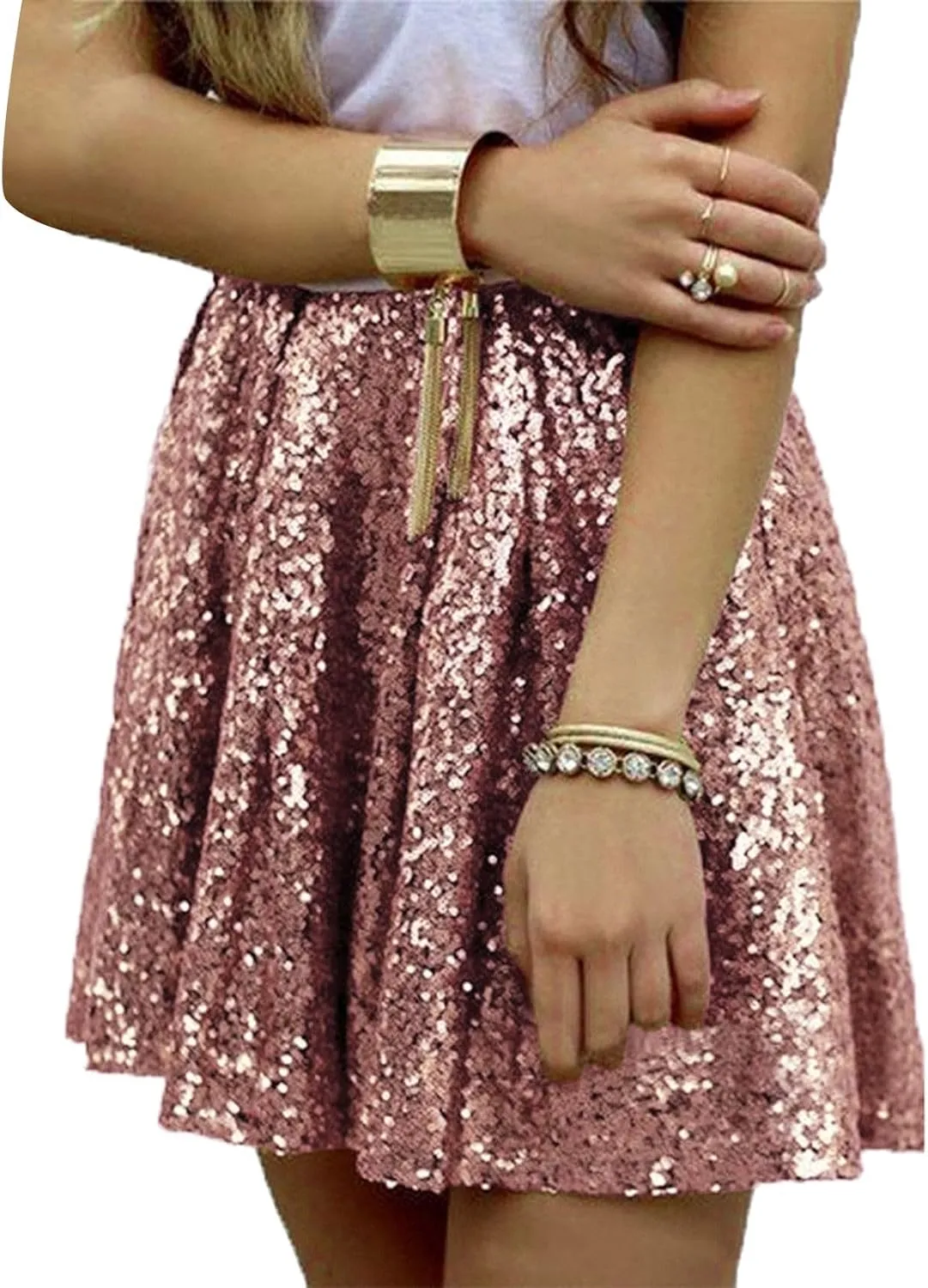 Women's Sequin Mini Skirt Sparkly High Waist Lined Layered Flared Pleated Glitter Night Out Party Short Skirts