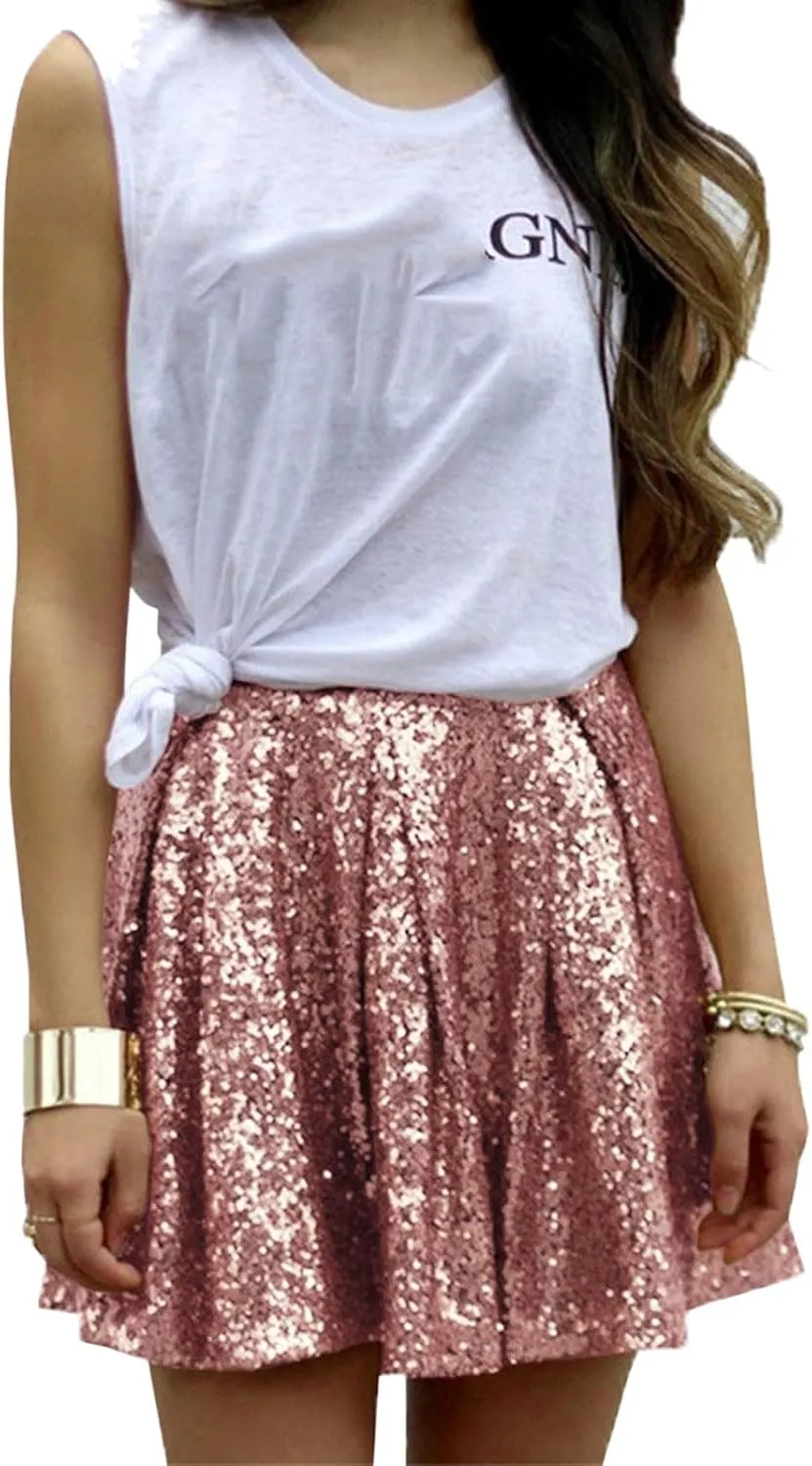 Women's Sequin Mini Skirt Sparkly High Waist Lined Layered Flared Pleated Glitter Night Out Party Short Skirts