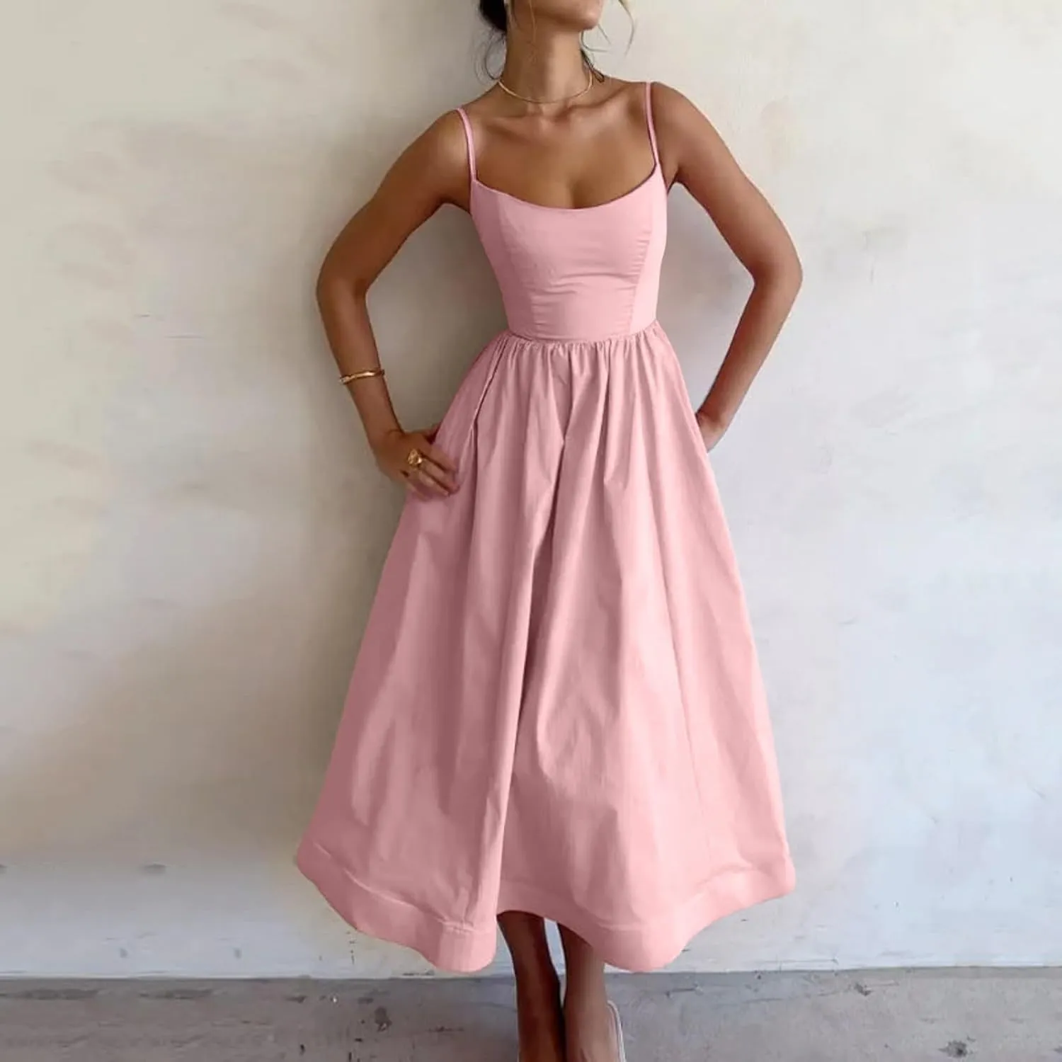 Women's Sexy Low Cut Spaghetti Strap Long Dresses Casual Sleeveless Trendy Slimd Midi Dress Square Neck Bustier Dress